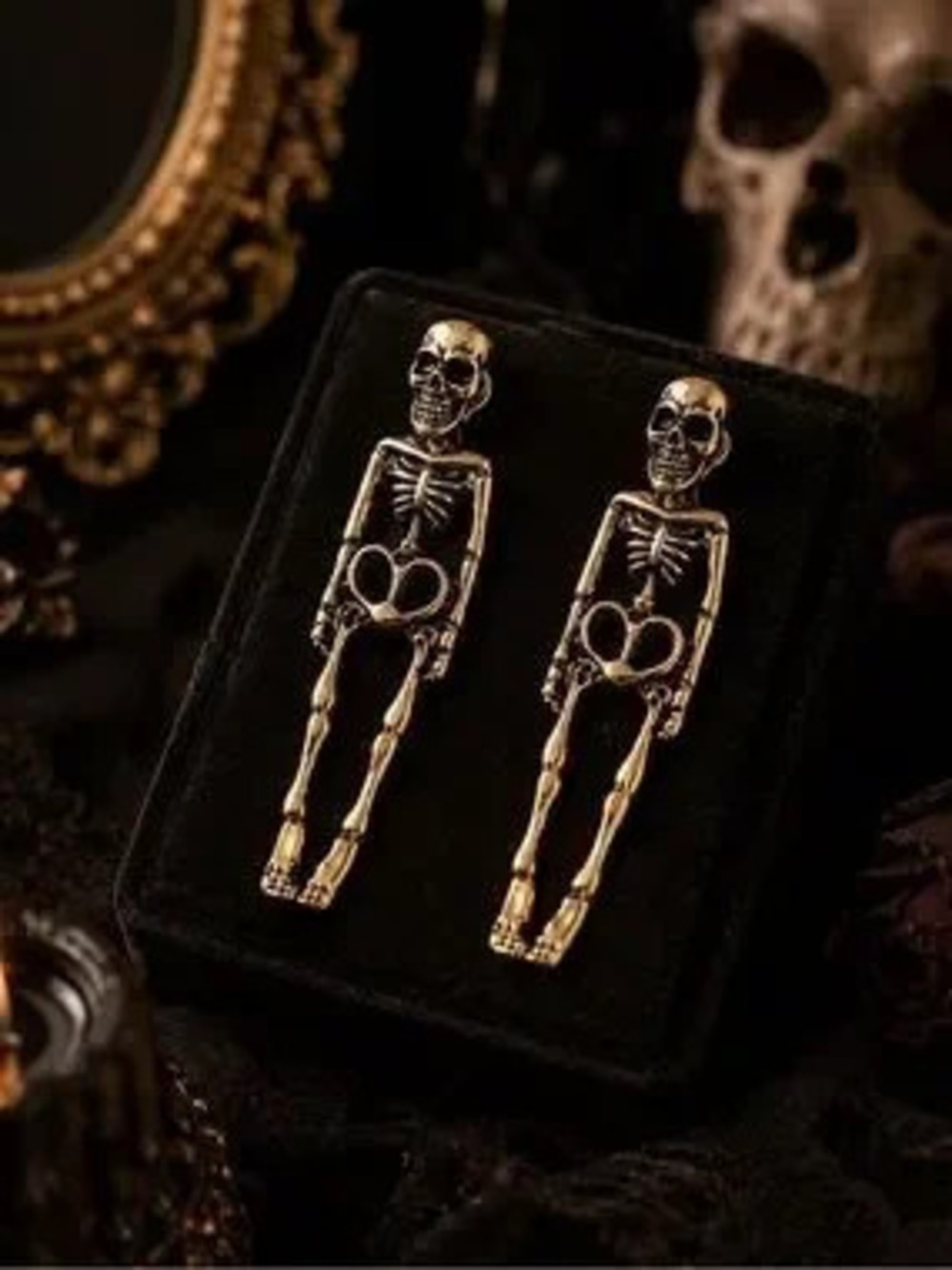 Gothic Skeleton Earrings Gold Tone Vintage Inspired Statement Jewelry